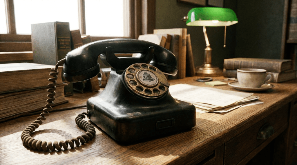 Vintage black rotary telephone with Bell System logo on a wooden desk with books.